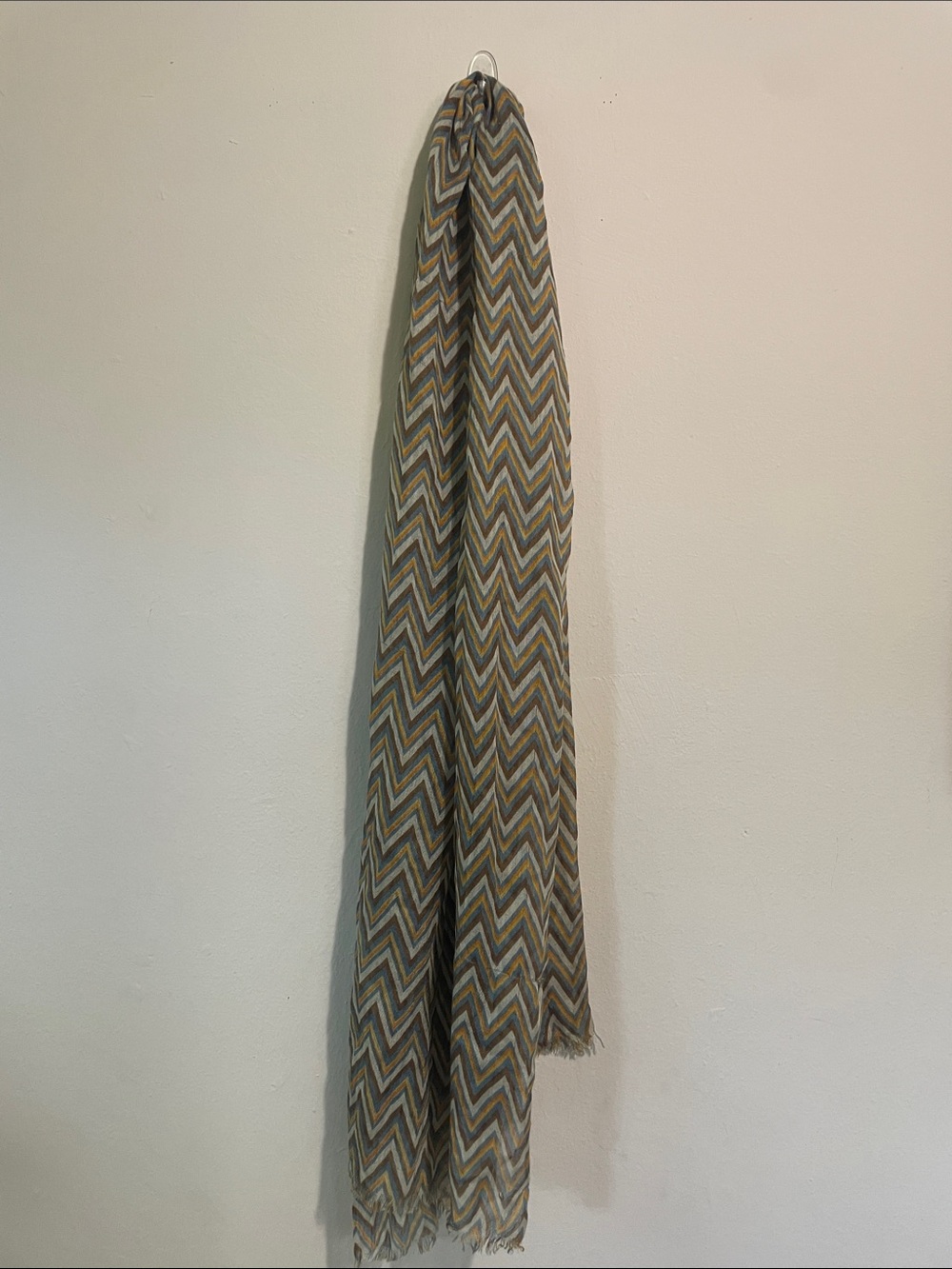 Chevron Pattern Sheer Scarf in brown, blue, gray and yellow.